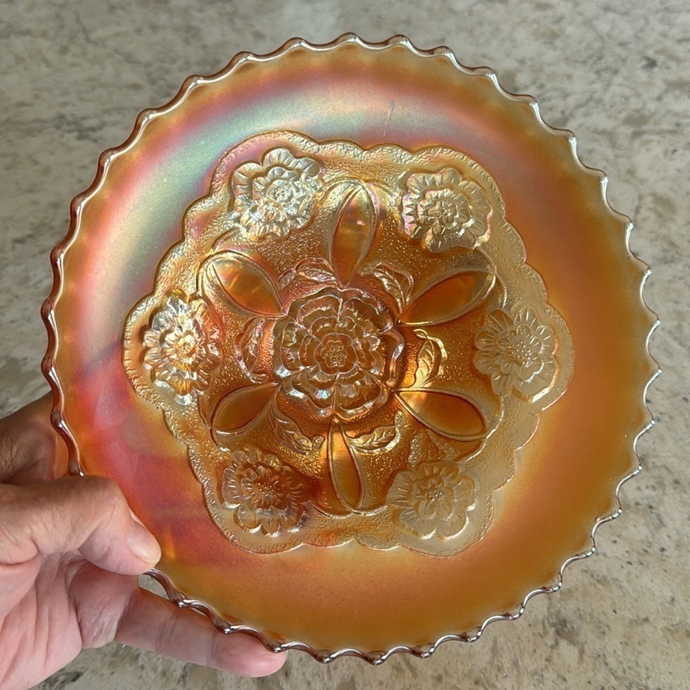 ANTIQUE~DUGAN DIAMOND CARNIVAL GLASS~’DOUBLE STEM ROSE’~MARIGOLD OPALESCENT~G13 - Picture 4 of 4